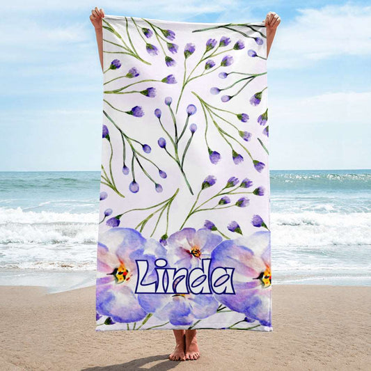 Custom Violet Flower Print Personalized Name Beach Towel | PERSONALIZED - ChoreGirl