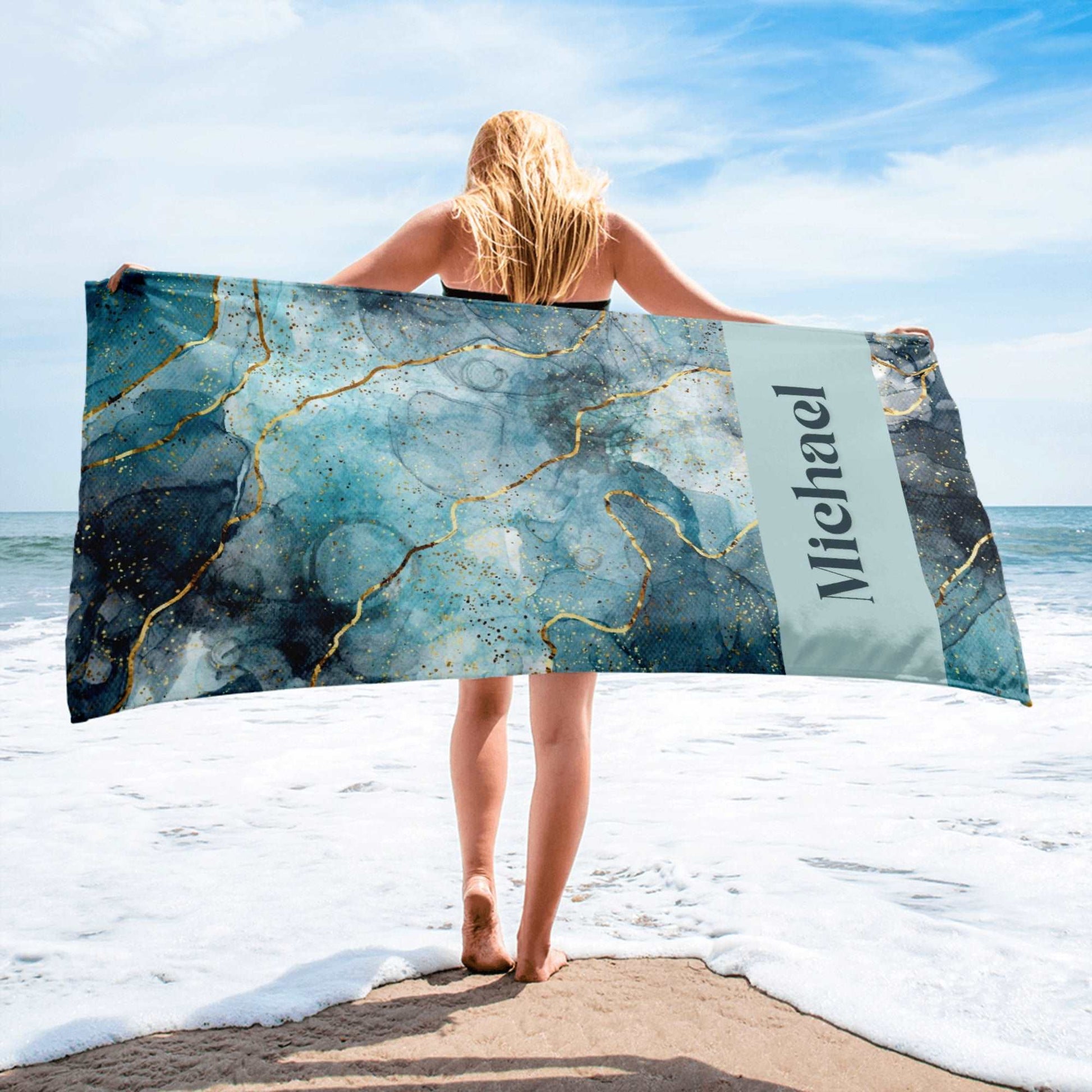 Custom Marble Blue Print Personalized Name Beach Towel | PERSONALIZED - ChoreGirl