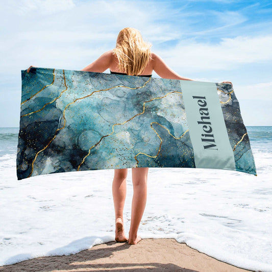 Custom Marble Blue Print Personalized Name Beach Towel | PERSONALIZED - ChoreGirl