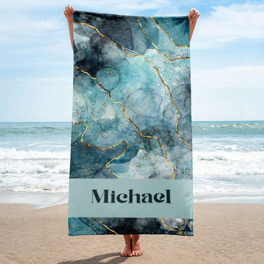 Custom Marble Blue Print Personalized Name Beach Towel | PERSONALIZED - ChoreGirl