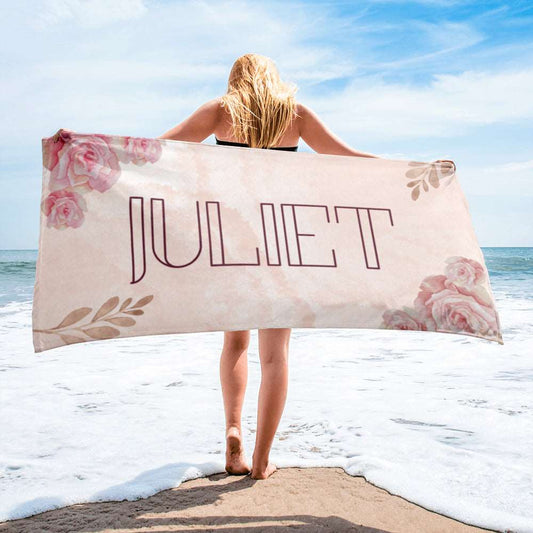 Custom Rose Flower Print Personalized Name Beach Towel | PERSONALIZED - ChoreGirl