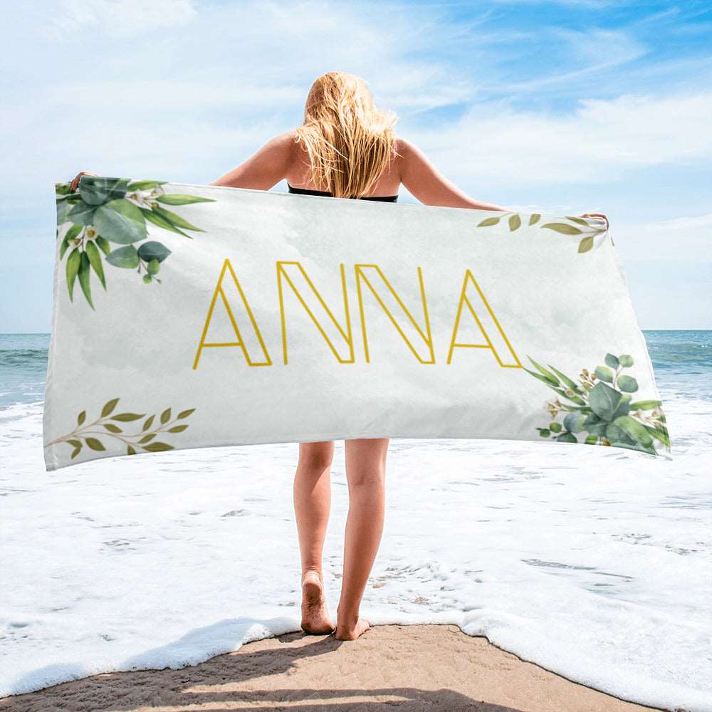 Custom Name Beach Towel with Green Leaves Design | PERSONALIZED - ChoreGirl