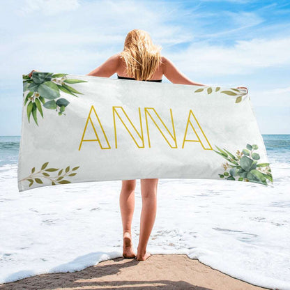 Custom Name Beach Towel with Green Leaves Design | PERSONALIZED - ChoreGirl