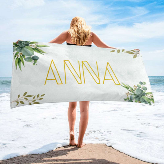 Custom Name Beach Towel with Green Leaves Design | PERSONALIZED - ChoreGirl