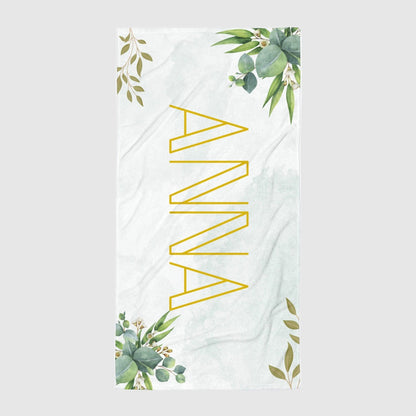 Custom Name Beach Towel with Green Leaves Design | PERSONALIZED - ChoreGirl