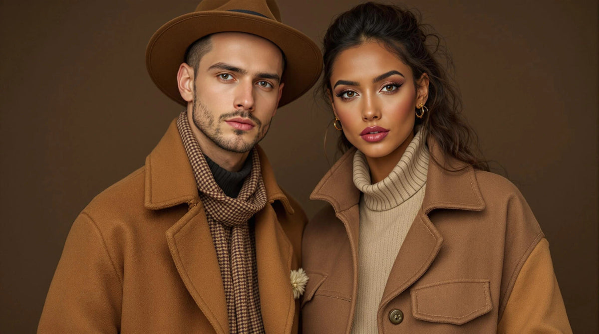 Man and woman wearing brown coats against a brown background
