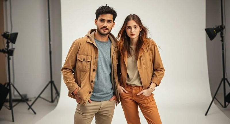 Two people wearing matching brown jackets in a studio setting.