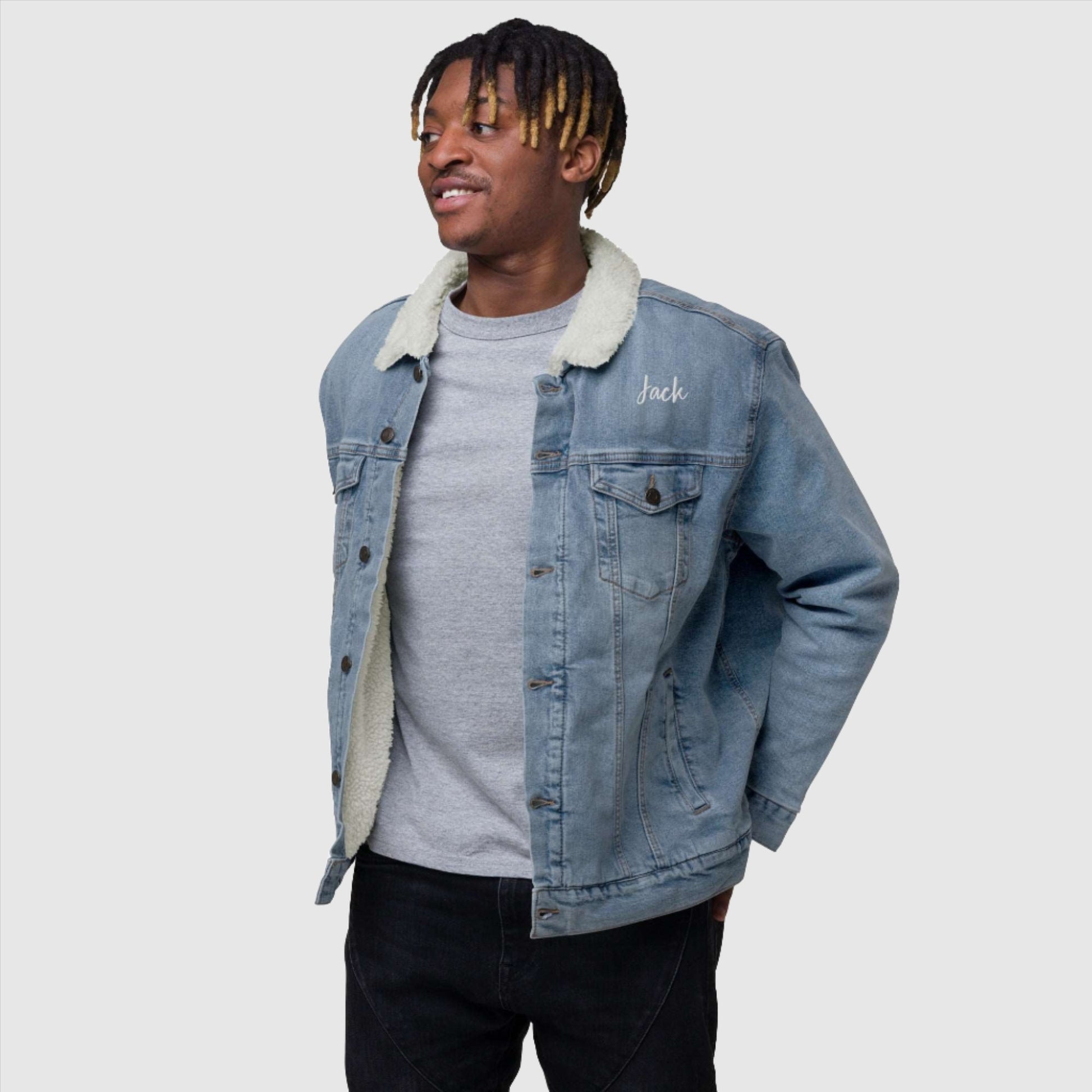 Unisex Custom Name and Icon Denim Sherpa Jacket | PERSONALIZED - ChoreGirl