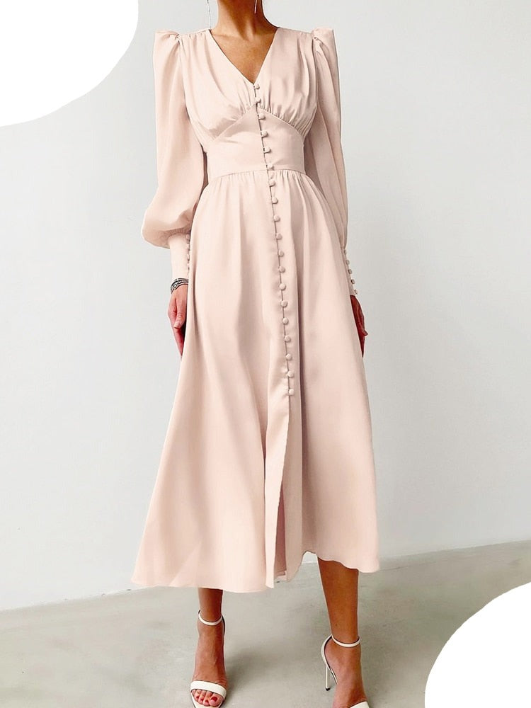 Women's Elegant Single Breasted High Waist Satin Long Dress - ChoreGirl