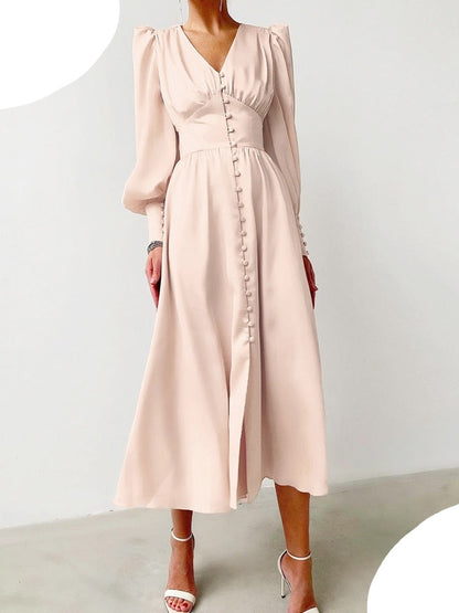 Women's Elegant Single Breasted High Waist Satin Long Dress - ChoreGirl